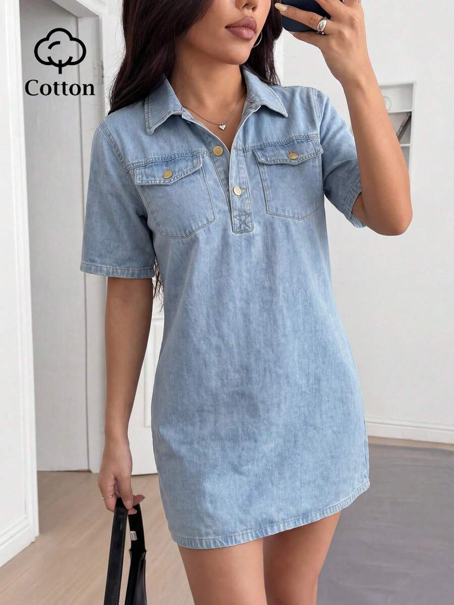 SHEIN EZwear 女士休闲宽松连衣裙,短袖连衣裙,户外连衣裙,春夏连衣裙,翻领连衣裙,美式休闲连衣裙,度假连衣裙 - 黑色 - 查看 1