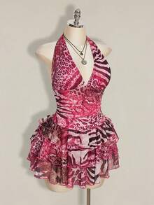 SHEIN ICON Plus Size Women's Sexy Beach Vacation Leopard & Zebra Print Patchwork Backless Tie-Front Ruffle Hem Waist Cinched Dress - Hot Pink - View 7
