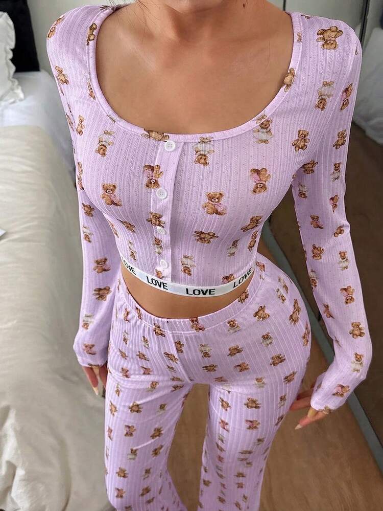 Sexy Slim Fit Bear Print Crew Neck Long Sleeve Pajama Set For Women - Purple - View 6