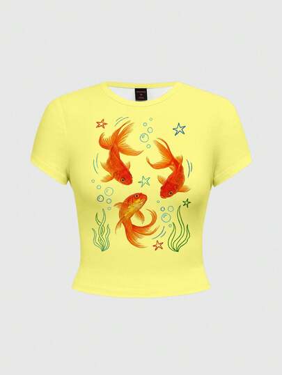 ROMWE Áo thun nữ gợi cảm in hình cá vàng graffiti phong cách Y2K dễ thương, phong cách nghỉ dưỡng trên đảo hoang dã