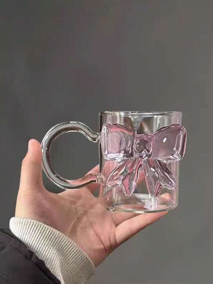 1个3D粉色蝴蝶结玻璃杯 - 少女风耐热咖啡早餐杯，带把手 - 办公饮具 - 彩色 - 查看 1