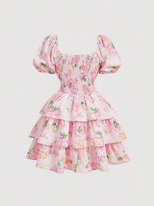 SHEIN MOD Summer Garden Vacation Pink Floral Print Cake Skirt, Puff Sleeve Short Dress, Tiered Mini Dress, Picnic Dresses For Ladies, Tea Party Dress For Women, Pink Floral Dress, Rose Print Dress,Summer Dress ,Festival Outfits For Women Cute Dresses For Women Floral Print Dress - Pink - View 4