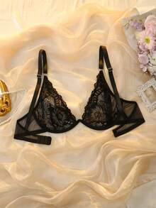DelicateAllure Plus Size Solid Color Lace Patchwork Bralette Wireless And Adjustable Strap, Lift - Black - View 2