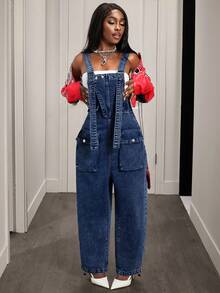 Slaydiva Women's Solid Color Minimalist Casual Denim Bib Pants And Jumpsuit - Dark Wash - View 7
