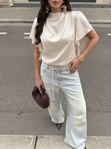 Firerie Women's Elegant, Dignified, Exquisite, Romantic Commuting Daily Vacation Pleated Asymmetric Short Sleeve Poplin Fitted Shirt, Summer Chic Outfit Flowy Champagne Top Women Summer Outfits Modern Tops For Women,Summer Top - Apricot - View 10