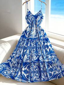 INAWLY 1 件装女士新款吊带露背蓝白碎花V领长连衣裙，收腰设计，多层裙摆饰以复古几何图案，飘逸下摆，优雅休闲，适合度假、通勤、外出等场合。 - 藍色 - 查看 4