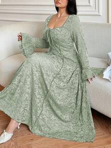 Vibekara Plus Size Women Lace Sweetheart Neck Cinched Waist A-Line Dress - Olive Green - View 1