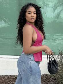 Alexandranx Summer Front Slit, Backless, Knotted Halterneck Black Top Magic Mike - Hot Pink - View 3
