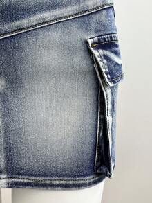 Bộ áo yếm và chân váy ngắn denim nữ kiểu dáng thường ngày, thích hợp mặc hàng ngày. - Rửa nhẹ - Xem 6