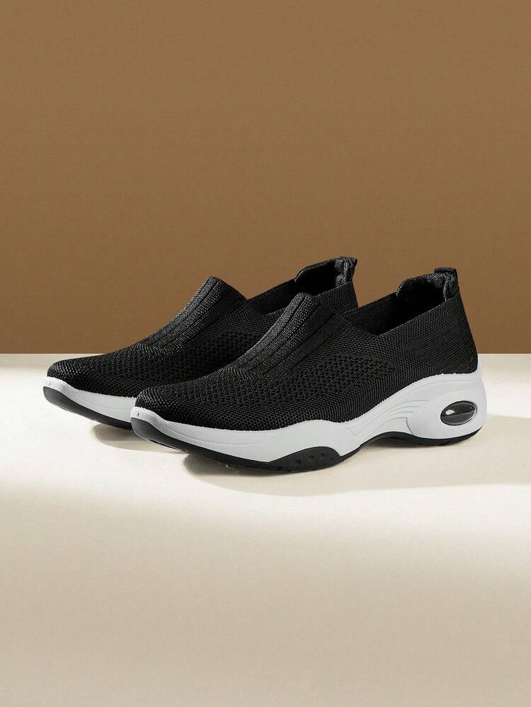 CUCCOO EASI Women's Knitted Breathable Small Round Toe Thick Flat-Bottomed Casual Sneakers Comfortable And Simple Black Knitted Casual Sneakers Daily Outdoor Commuting