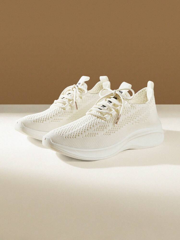 CUCCOO EASI Women's Lace-Up Knitted Breathable Small Round Toe Thick Flat-Bottomed Casual Sneakers Comfortable And Simple Beige Knitted Casual Sneakers Daily Outdoor Commuting