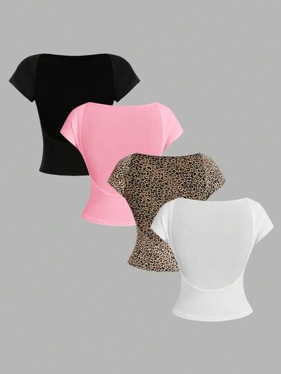 SHEIN Essnce Bộ 4 áo thun nữ cổ tròn, ôm sát, hở lưng, khoét lỗ, họa tiết da báo đen, trắng và hồng tối giản, thích hợp mặc mùa hè làm áo lót hoặc áo khoác ngoài, áo hè tay ngắn cho nữ, áo thun nữ giá rẻ, áo thun nữ nhiều chiếc, bộ 3 áo thun nữ.