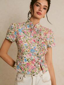 Poéselle 女士优雅小碎花印花系带衬衫，夏季 - 粉色 - 查看 7