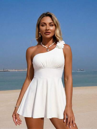 Swim Lushoire Women's Solid Color 3D Floral Decor Halter Swimsuit Skirt