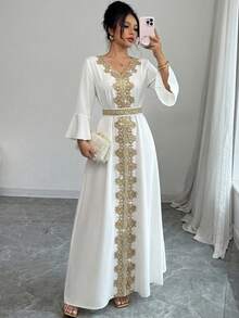 Selianne Vestido de fiesta elegante con cuello en V y cintura fruncida para mujer de talla grande - Blanco - Ver 4