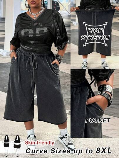 SHEIN CURVE+ Quần short nữ cỡ lớn mùa hè xuân phong cách đường phố retro, chất liệu denim bạc màu, thoải mái, có túi, dài 7 inch.