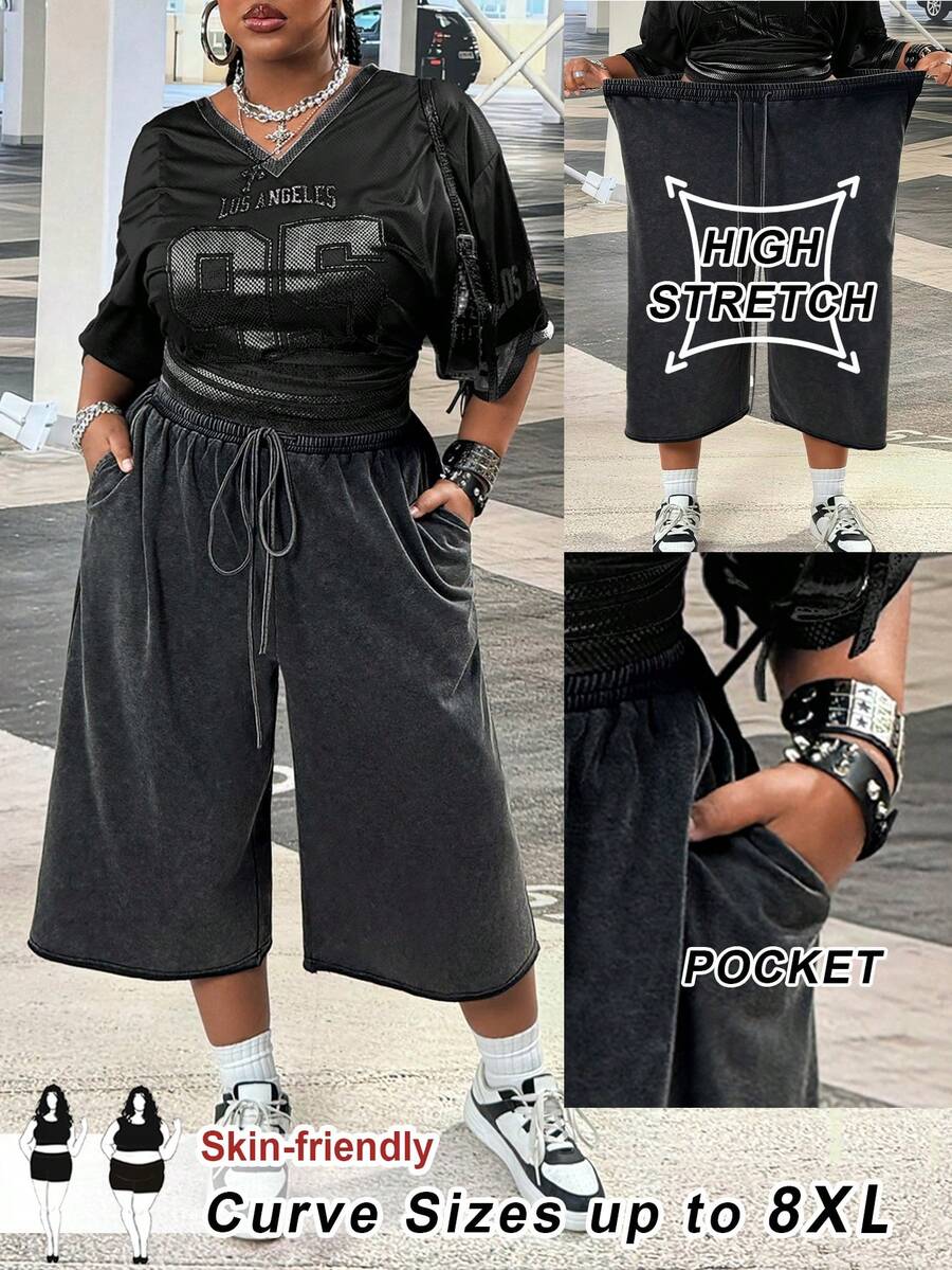 SHEIN CURVE+ 大码女式春夏街头风复古水洗做旧舒适牛仔效果黑色短裤，带口袋，7英寸裤长 - 深灰色 - 查看 1