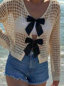 SHEIN EZwear 女士蝴蝶结系带镂空针织短款开衫 - 杏色 - 查看 8