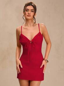 SHEIN BAE Đầm ngắn gợi cảm màu đỏ ôm sát, cổ khoét sâu, lưng hở, thắt nơ, khoét rỗng, viền bèo nhún dành cho nữ, thích hợp cho mùa hè. - Đỏ - Xem 5