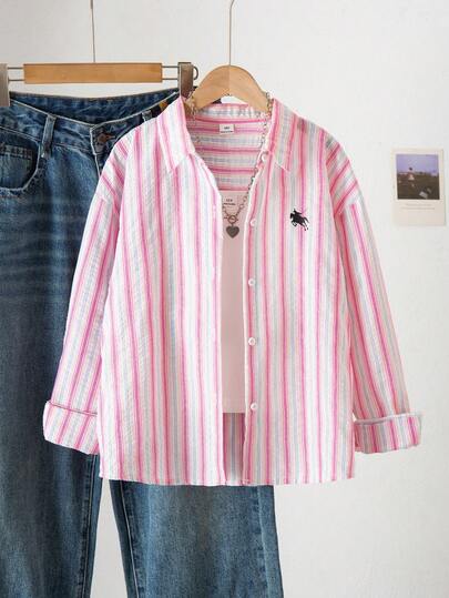 SHEIN Áo sơ mi cho bé gái tuổi teen - Áo sơ mi dài tay cài cúc kẻ sọc xanh nhạt và vàng thời trang thường ngày cho bé gái (8-14 tuổi) thích hợp cho mùa xuân và mùa thu, 100% cotton, chất liệu polo thêu, thoáng khí, mềm mại. Thích hợp cho đi học hàng ngày và các hoạt động thường ngày.