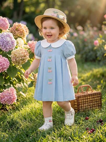 Souflis Souflis French New Style Light Blue Baby Girls' Puff Sleeve Double-Layer Peter Pan Collar A-Line Dress. Decorated With Small Cherries, Made Of High-Quality Fabric, A-Line Silhouette. The Puff Sleeves And Double-Layer Peter Pan Collar Design Add A Touch Of Playfulness And Cuteness. Whether For Everyday Wear Or Special Occasions, It Will Make Your Baby The Center Of Attention, An Indispensable Fashionable Piece In Your Baby's Wardrobe.