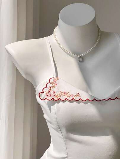 Comfortcana Spring/Summer New Women's 100% Cotton Strap Collar Clash Embroidered Flower Wave White Short Dress,Winter,Easter,Party ,Beach,Wedding,Graduation,Elegant,Casual,Vacation,Sports, Formal,Y2k,Business,Sequin,Fringe,Ruffle,Flower,Graphic,