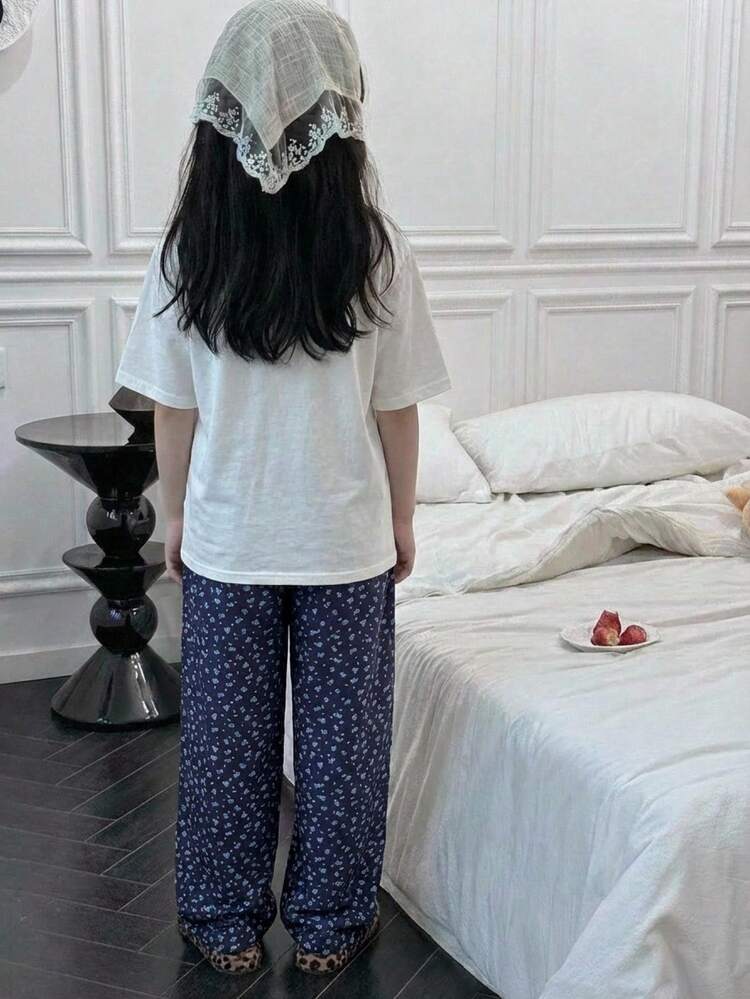Dazy Kids 少女字母印花圆领短袖上衣和裤子休闲家居服套装 - 白色 - 查看 2