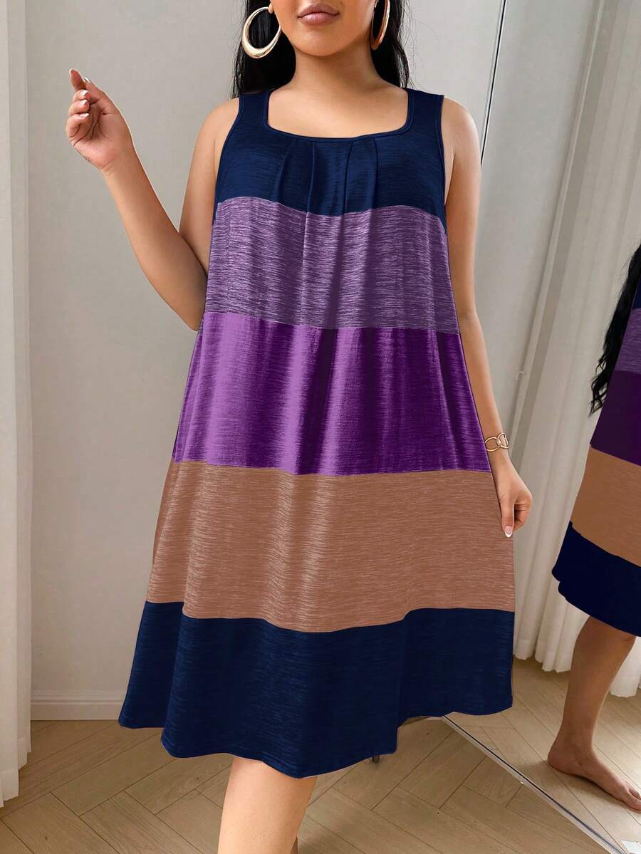 SHEIN Plus Size Women's Summer Colorblock Striped Print Sleeveless Loose Nightgown - Navy Blue - View 1
