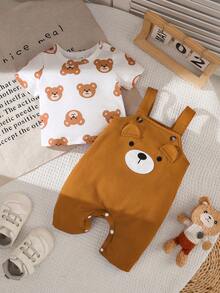 SHEIN 2pcs Newborn Summer Cute Brown And White Polka Dot Set Cartoon Teddy Bear Knitted Fabric Adjustable Straps Family Matching Outfits For Baby Parties - Brown - View 4