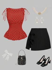 Sweetra Blusa casual versátil de uso diario con lunares y detalle de nudo para mujer de talla grande - Rojo - Ver 1