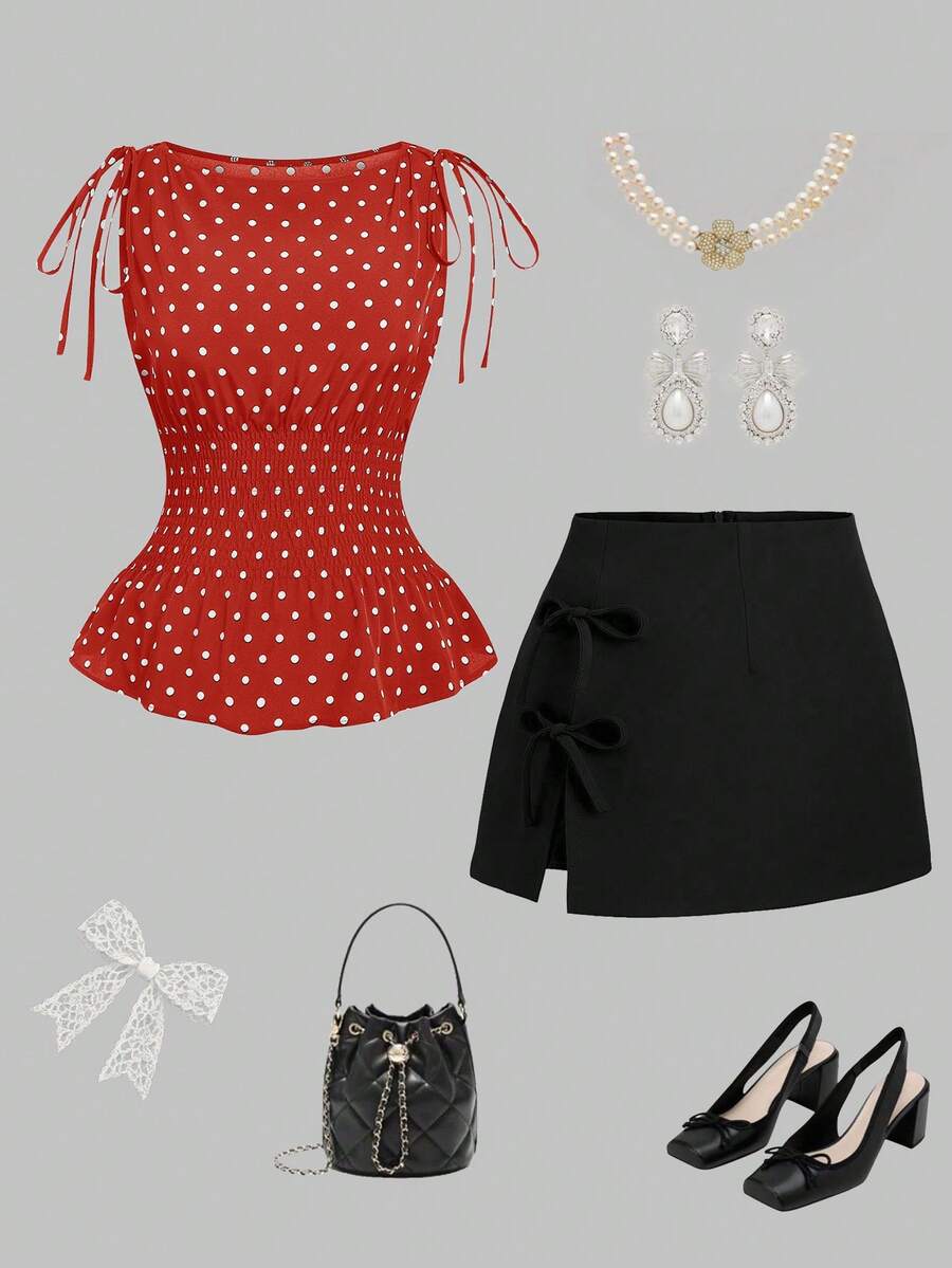 Sweetra Blusa casual versátil de uso diario con lunares y detalle de nudo para mujer de talla grande - Rojo - Ver 1