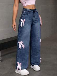 SHEIN EZwear Women's Bow Decor Raglan Wide Leg Casual Cute Jeans Back-To-School School Navy Blue Summer - Blue - View 4