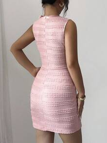 Elenzga 蝴蝶结针织面料金属珍珠纽扣优雅法式缎面前后弹力修身迷你连衣裙，春夏初秋 - 粉色 - 查看 7