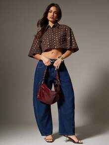 Denimoi Summer Fashion Rivet Decor Cropped Shirt - Brown - View 3