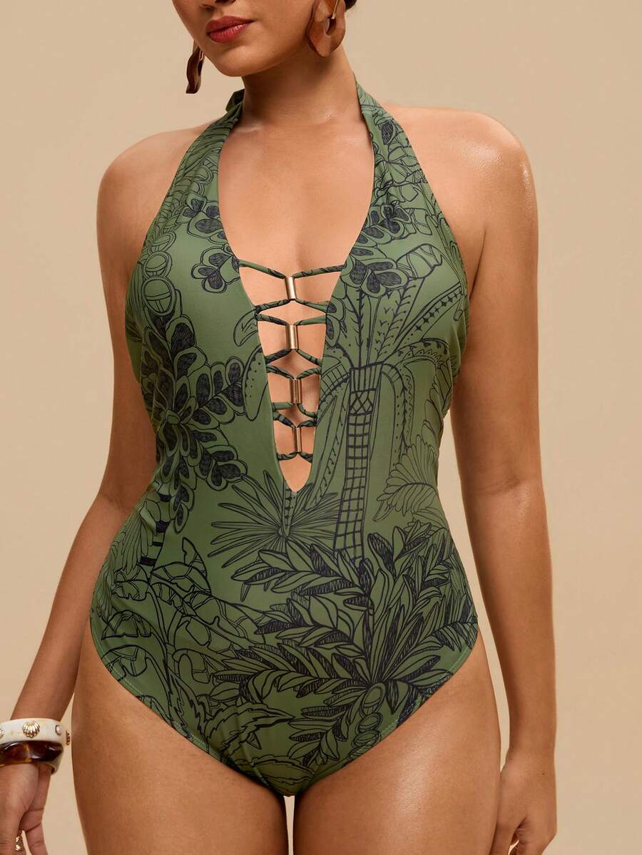 Travachic Áo tắm liền thân cỡ lớn dành cho nữ, in họa tiết cây nhiệt đới màu xanh lá cây, thiết kế cổ yếm buộc dây phía trước và khoét lỗ. - màu xanh lá - Xem 1