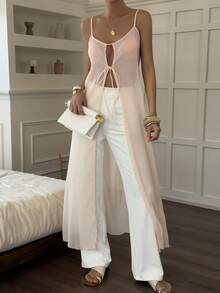 Livesso 轻薄透明白色开衫，前系带，腰部系带，中长款设计，适合春夏、音乐节、情人节、婚礼、休闲、海滩等场合。 - 米色 - 查看 7