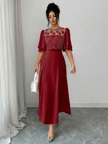 Modelyn Women's Elegant Floral Embroidered Mesh Patchwork Dress, Spring/Summer - Burgundy - View 6