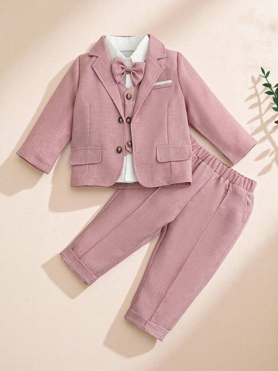 SHEIN 4件套儿童男童绅士返校套装,包括长袖衬衫配领结、马甲、长袖西装外套和裤子,适合生日、婚礼、洗礼、周岁生日派对、儿童比赛表演、婚礼正式场合穿着。 - 粉色 - 查看 1