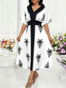 SHEIN Lady 大码撞色V领中袖复古时尚夏季休闲连衣裙 - 彩色 - 查看 6