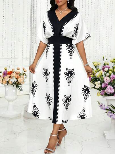 SHEIN Lady Đầm mùa hè dáng suông cổ chữ V phối màu, tay lửng, cỡ lớn, thời trang vintage.