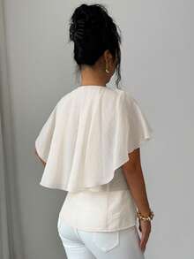 Elenzga Women's Solid Color Sheer Round Neck Capelet Style Romantic Ruffle Buttoned A-Line Sleeveless Short Sleeve Pink Blouse, Elegant French Retro Minimalist Formal Office Commute Business Casual Beach Holiday Street Style Spring/Summer New Blouse For Women Elegant Classy Women's Tops And Blouses Women's Short Sleeve Tops Latest Tops For Women New Arrivals Women's Tops For Summer - Pale Yellow - View 2