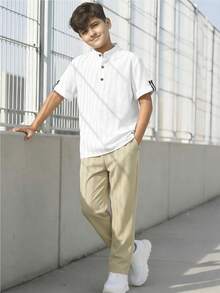 Vacaura 2pcs/Set Tween BoysSummer Stand Collar Casual Versatile Shirt + Solid Color Simple Pocket Pants Outfit, Suitable For Daily Wear And Outdoor - Apricot - View 3