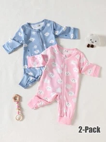 2pcs Newborn Soft Comfortable Casual Homewear Set, Cute Cloud, Star, Sun, Tree Cartoon All-Over Print, Zipper, Suitable For Spring/Summer - Multicolor - View 4