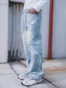 BelSigned BelSigned 1pc Hearty Haven Distressed American Street Style Loose Fit Wide Leg Washed Denim Jeans For Men (No Belt & Accessories) - Blue - View 5