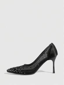 CUCCOO SZL 女士时尚尖头水晶/水钻金色网纱拼接派对晚宴细高跟鞋 - 黑色 - 查看 4