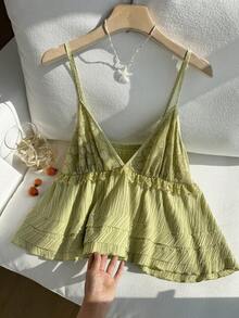 Comfortcana Áo hai dây cỡ lớn màu trơn họa tiết hoa 3D, viền bèo nhún tương phản, thích hợp mặc đi nghỉ mát. - màu xanh lá - Xem 6