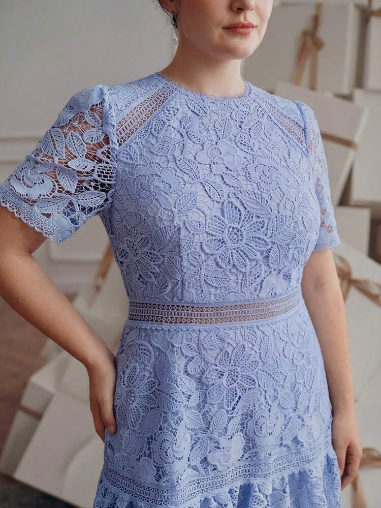 Anewsta New Party Summer Vacation Outfit Round Neck Short Sleeve Hollow Splice A-Line Dress, Exquisite Water-Soluble Lace, Elegant Plus Size Women Dress