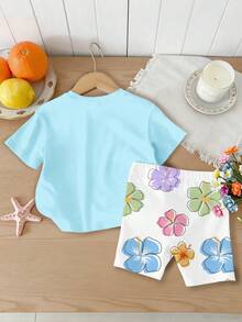 2pcs Baby Girl Casual Floral Print Short Sleeve T-Shirt And Shorts Set, Versatile For Spring/Summer - Multicolor - View 3
