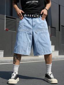 Manfinity EMRG Men's Casual Street Style Embroidered Blue Denim Shorts - Light Wash - View 7