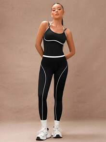 Lumalex 时尚简约黑白撞色方领吊带女士运动T恤 - 黑色 - 查看 5